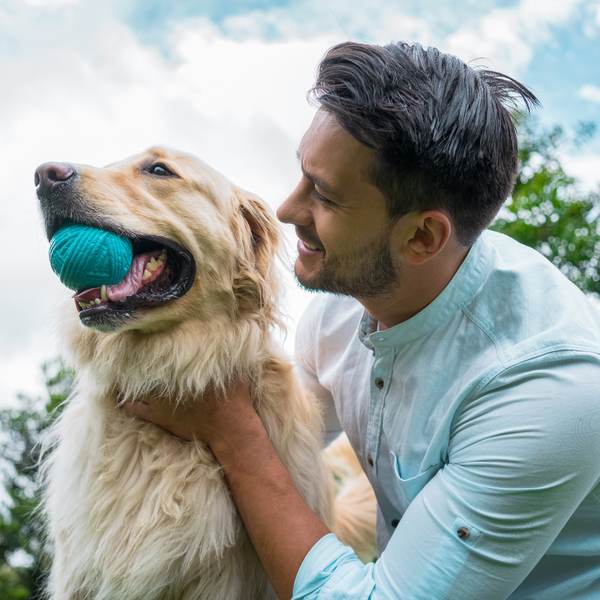 Man playing with a dog outdoors, holding a blue ball