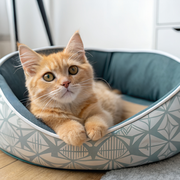 Cat lying in a patterned pet bed on a wooden floor.